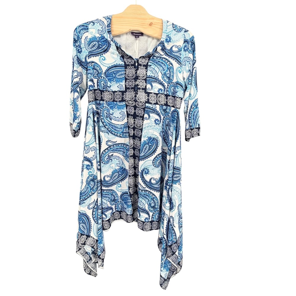 Roaman's Tunic Top 20W Blue Paisley Sharkbite Hem 3/4 Sleeve Boho Empire Waist